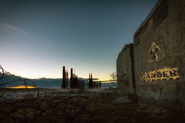 The world after nuclear war.Ghost town at sunset.Nuclear contamination